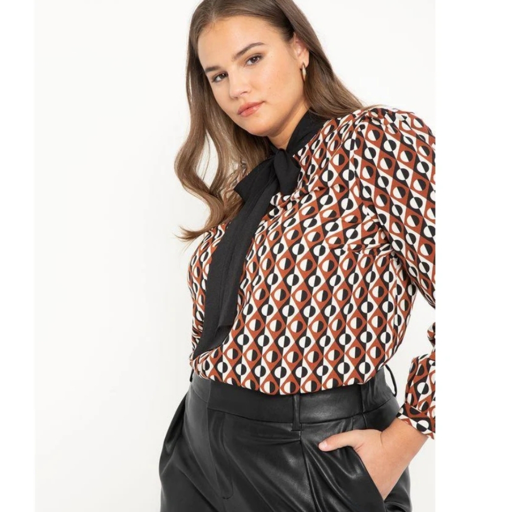 Eloquii Tie Neck Geometric Print Blouse II